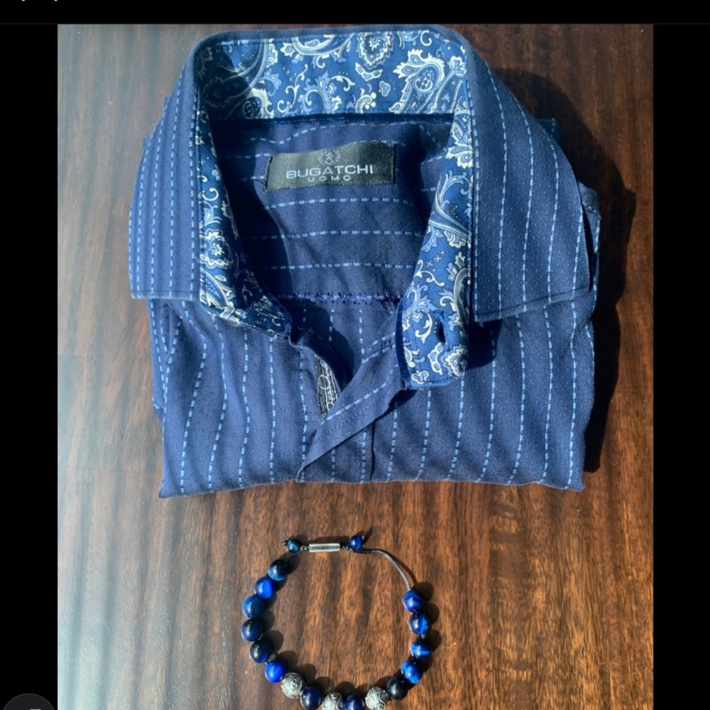 Bugatchi Blue and White Striped Men’s Button Down